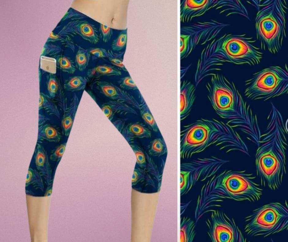 Peacock Feather Leggings Capri Length Yoga Band Pockets Decks